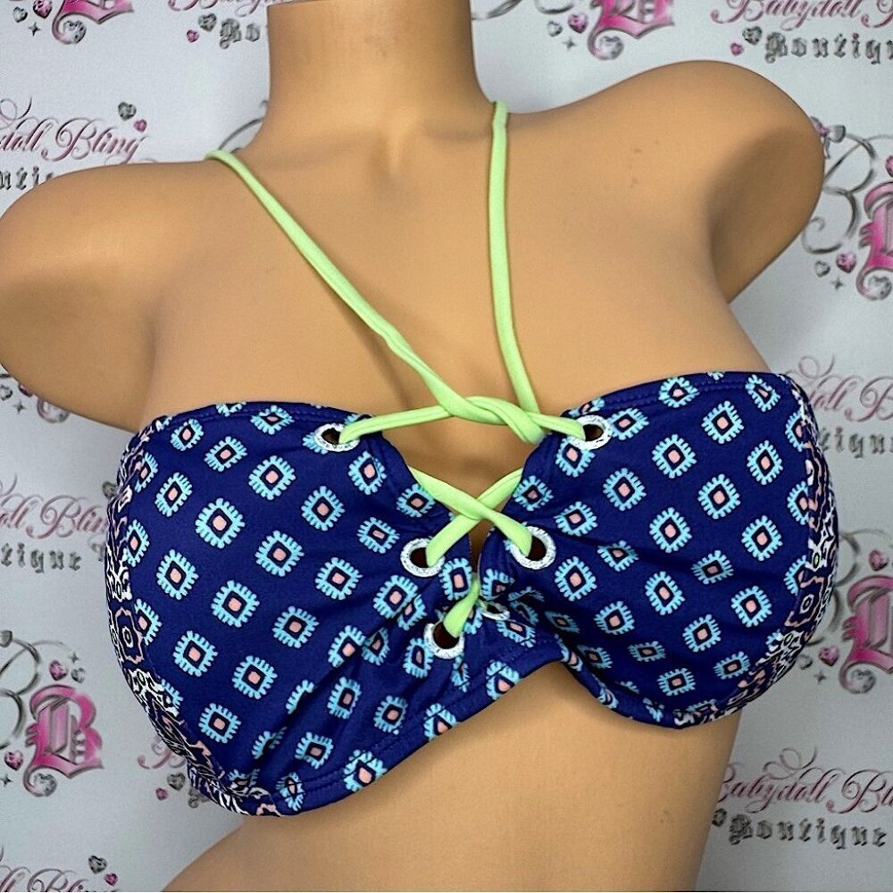 Roxy bikini top paisley print adjustable tassle bead straps corset lace up boho